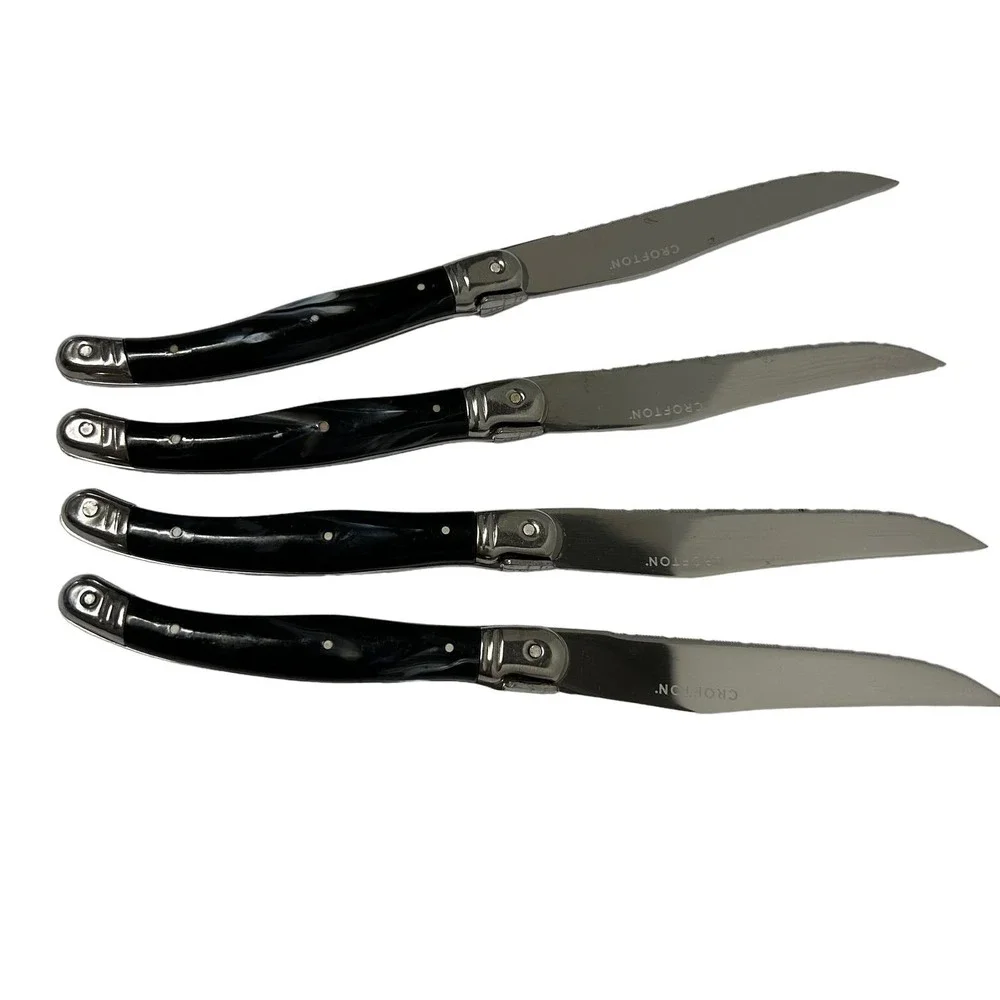Vintage Crofton Black Marbled Bumble Bee Serrated Steel Steak Knives 9